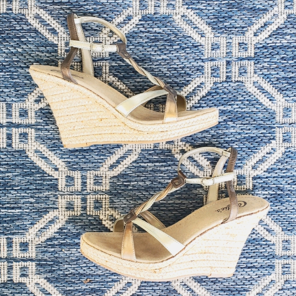 Metalic & Jute T-strap Wedge Heel Sandal
